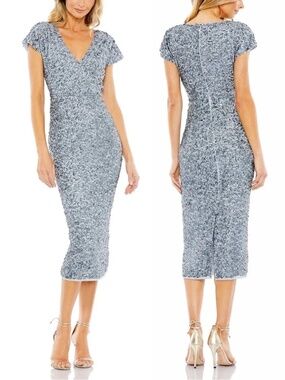 NWT Mac Duggal Blue Sequin Wrap Sheath Dress